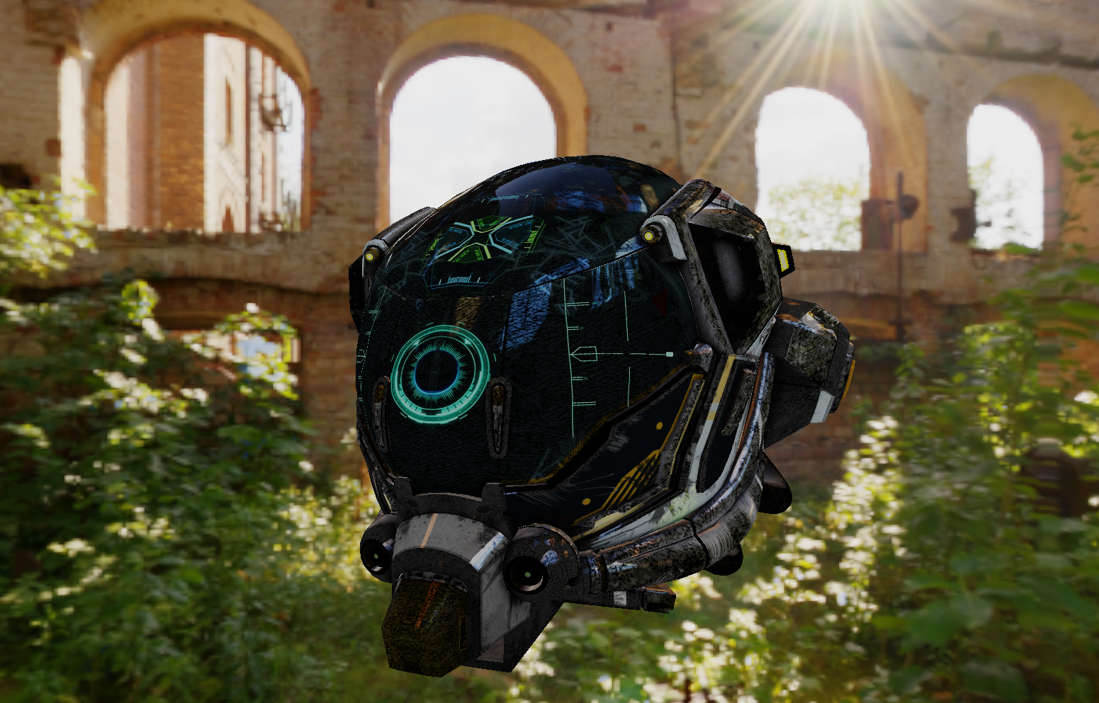 Sci-fi helmet lit by a sunlit ruins HDR environment