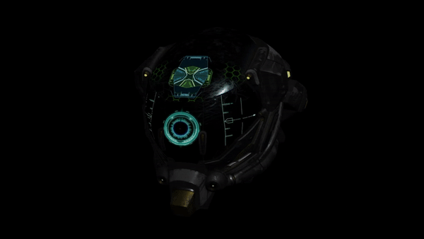 Battle-damaged sci-fi helmet turntable showing emissive HUD and PBR metal