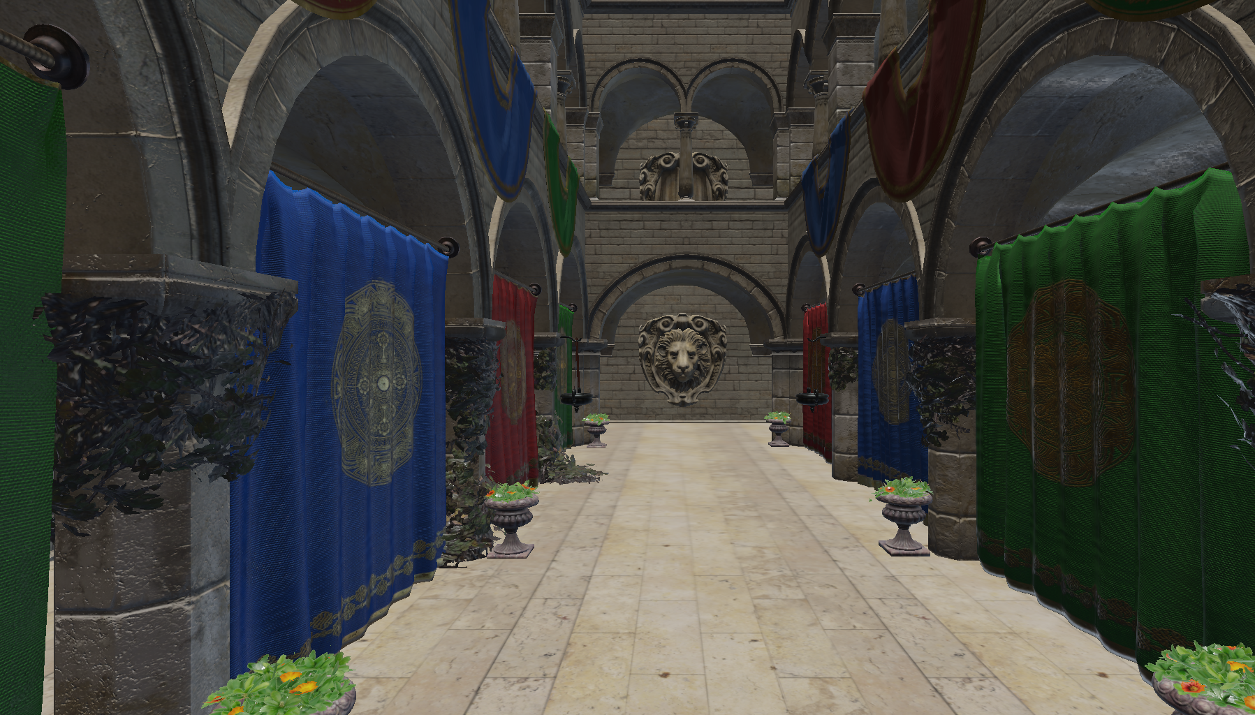 Sponza rendered with PBR materials, image-based ambient lighting, and filmic tone mapping in Smoke Engine